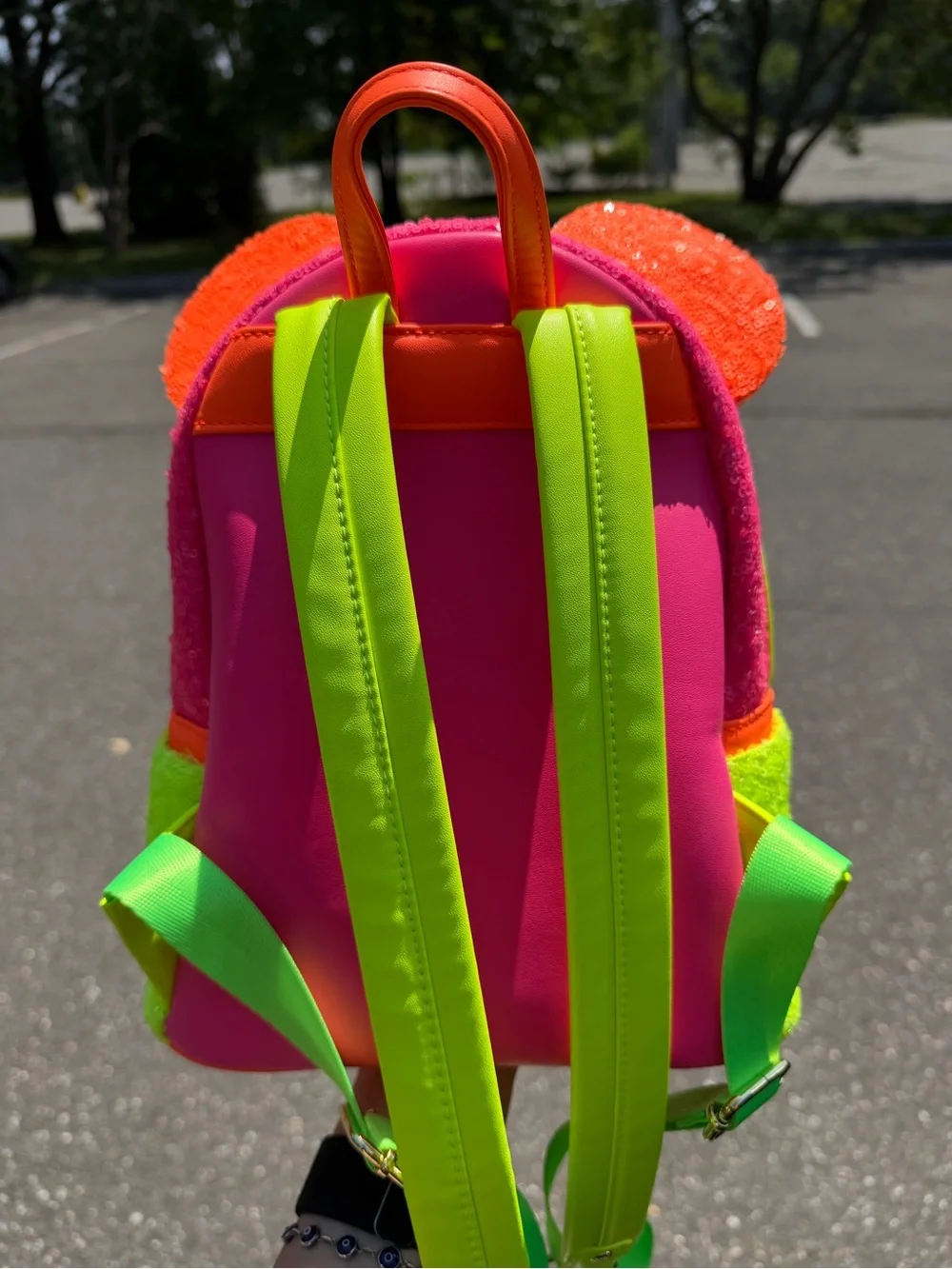 EUC wo tags Loungefly Neon Sequin Kids Mini Backpack - Pink, Neon Green & Orange